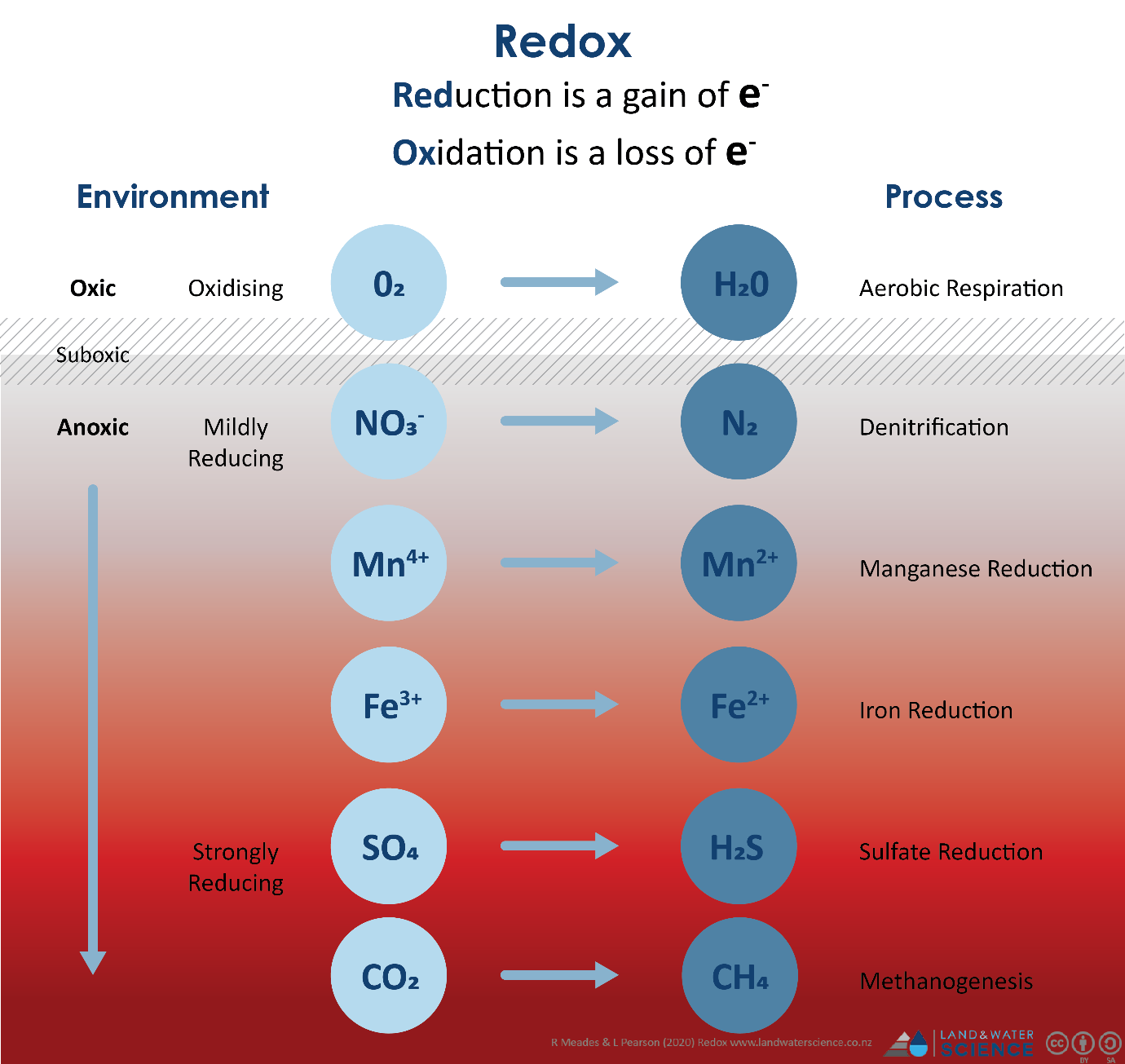 2D diagram of different elements undergoing either Reduction or Oxidisation in different soil environments.