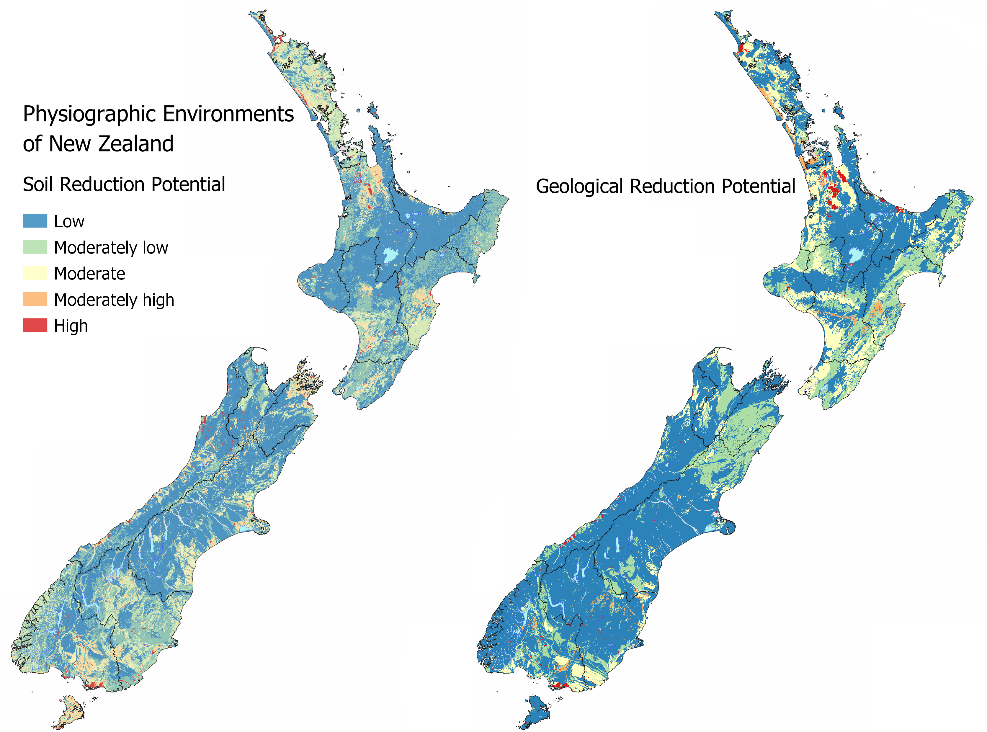 Two colour-coded maps of New Zealand showing Soil Reduction Poteintial and Geological Reduction Potential from Low to High.