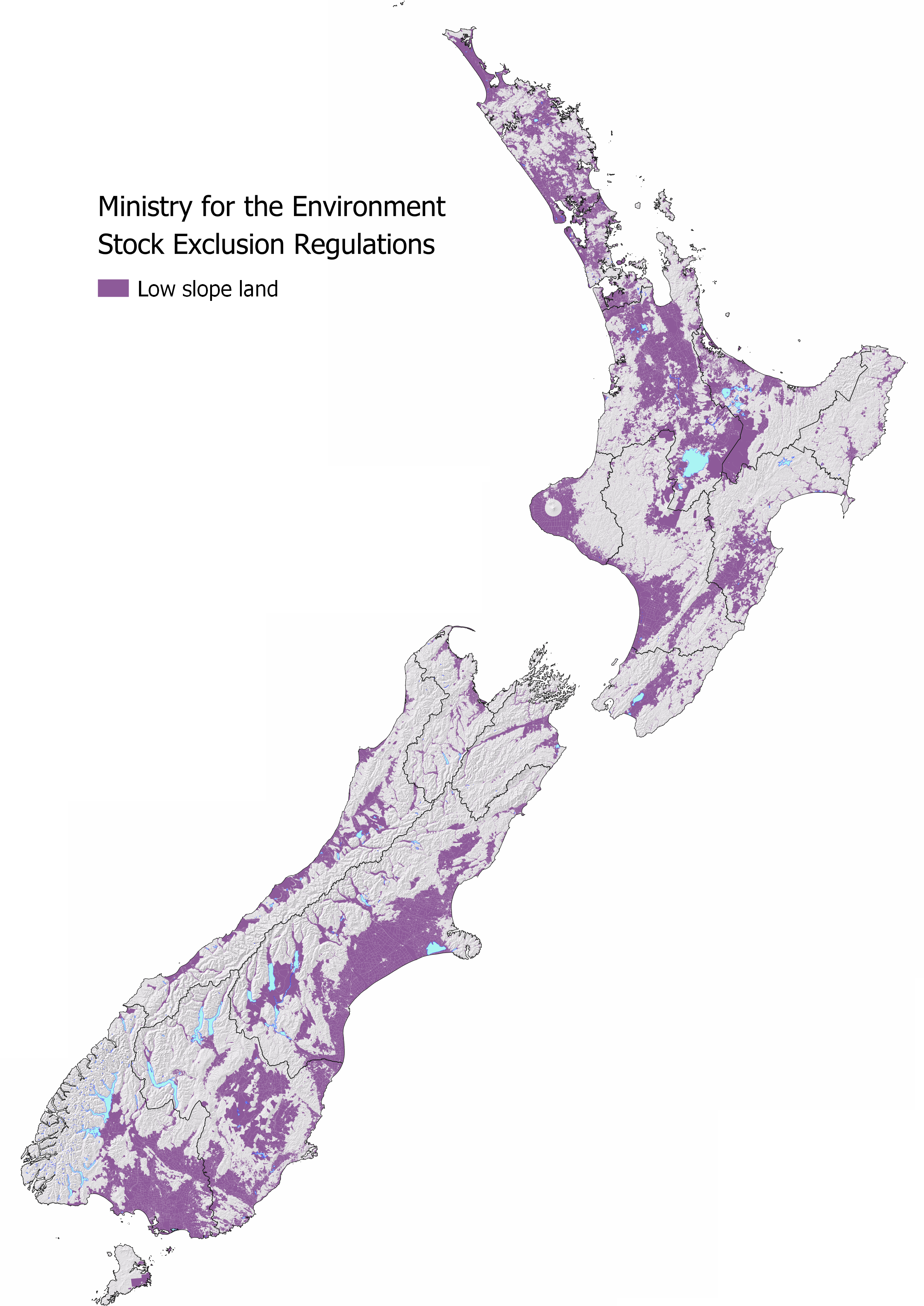 Colour-coded map of New Zealand showing the low-slope land where the Stock-Exclusion regulations apply.