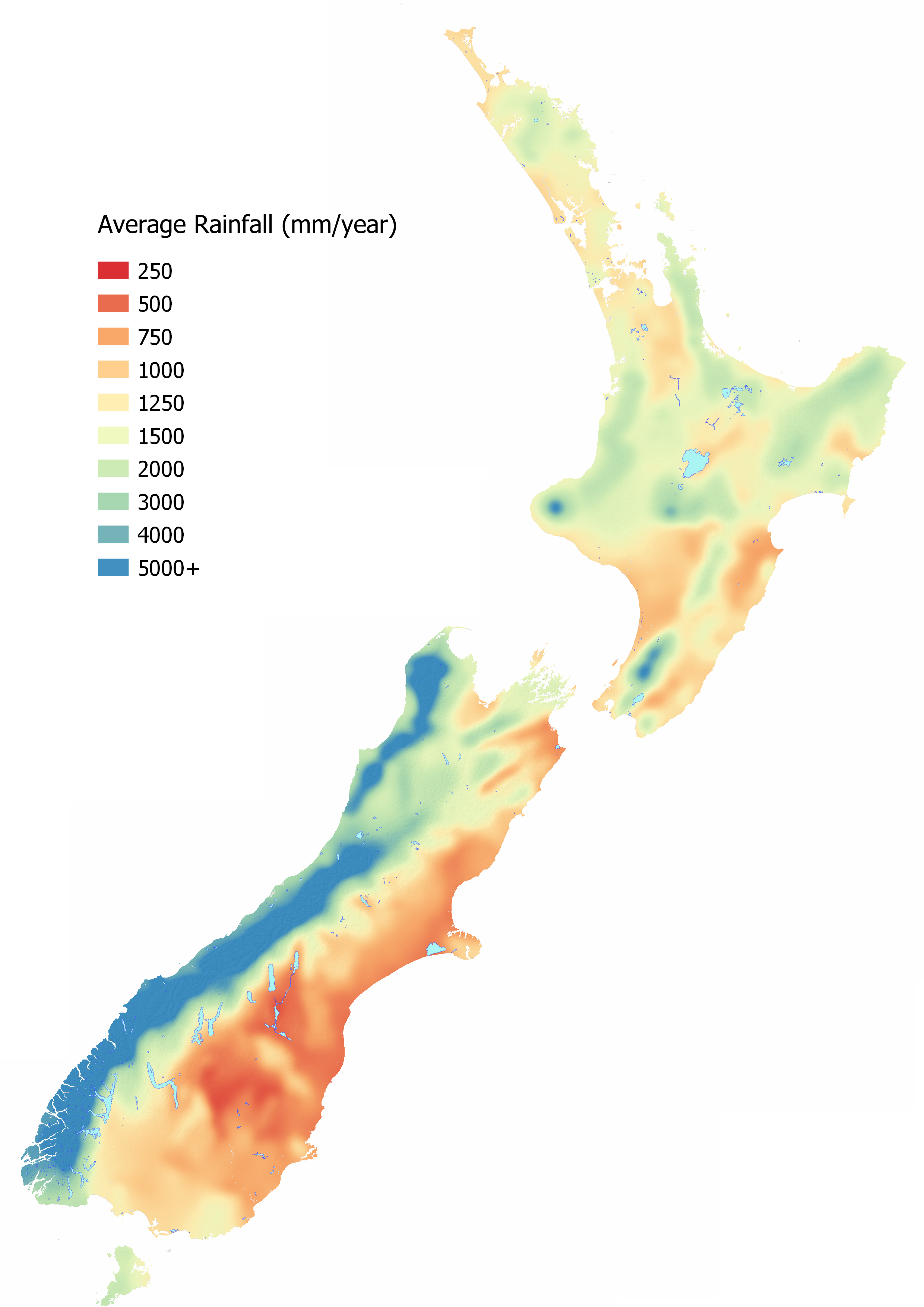 Color coded map of New Zealand showing annual rainfall from 250 millimeters (Otago) to over 5000 millimeters (Fiordland, West Coast).