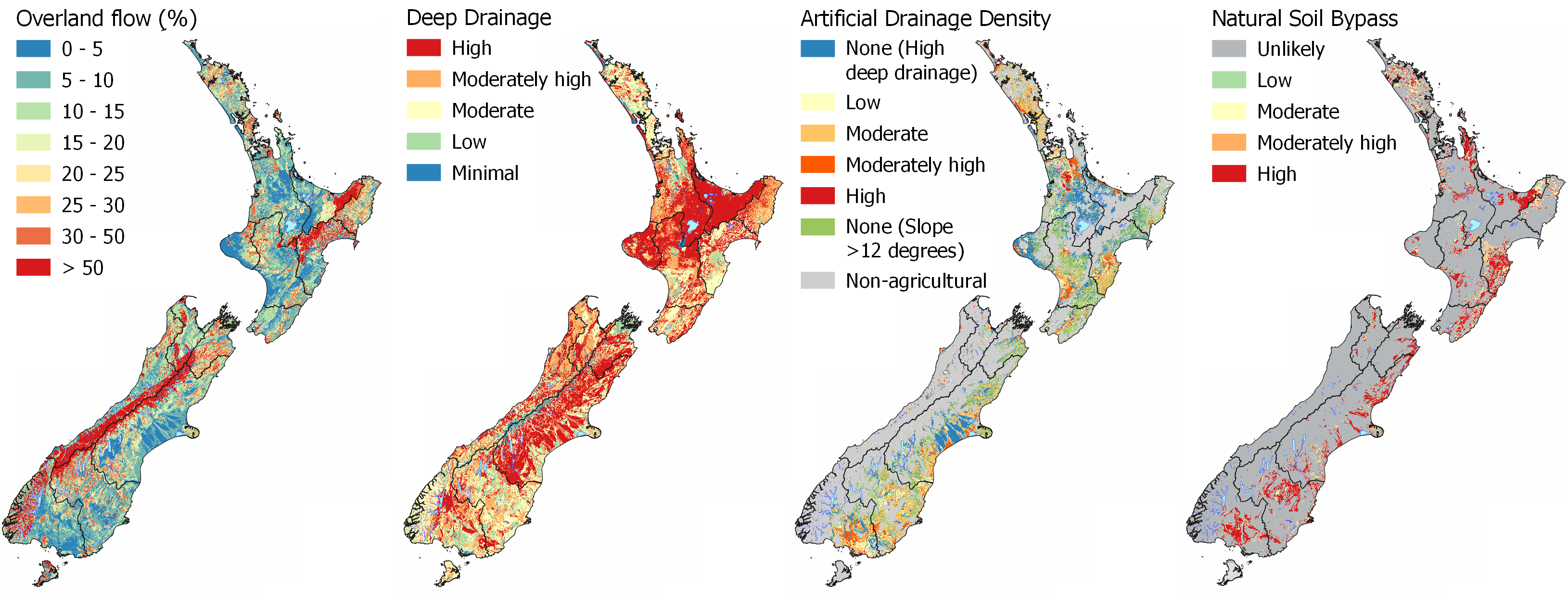 Four colour-coded maps of New Zealand (see caption).