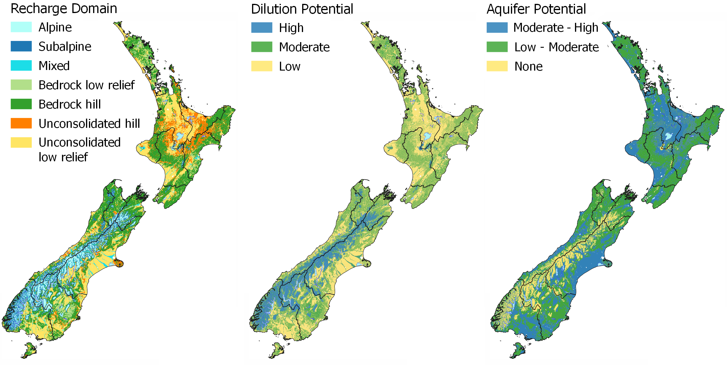 Three colour-coded maps of New Zealand (see caption).