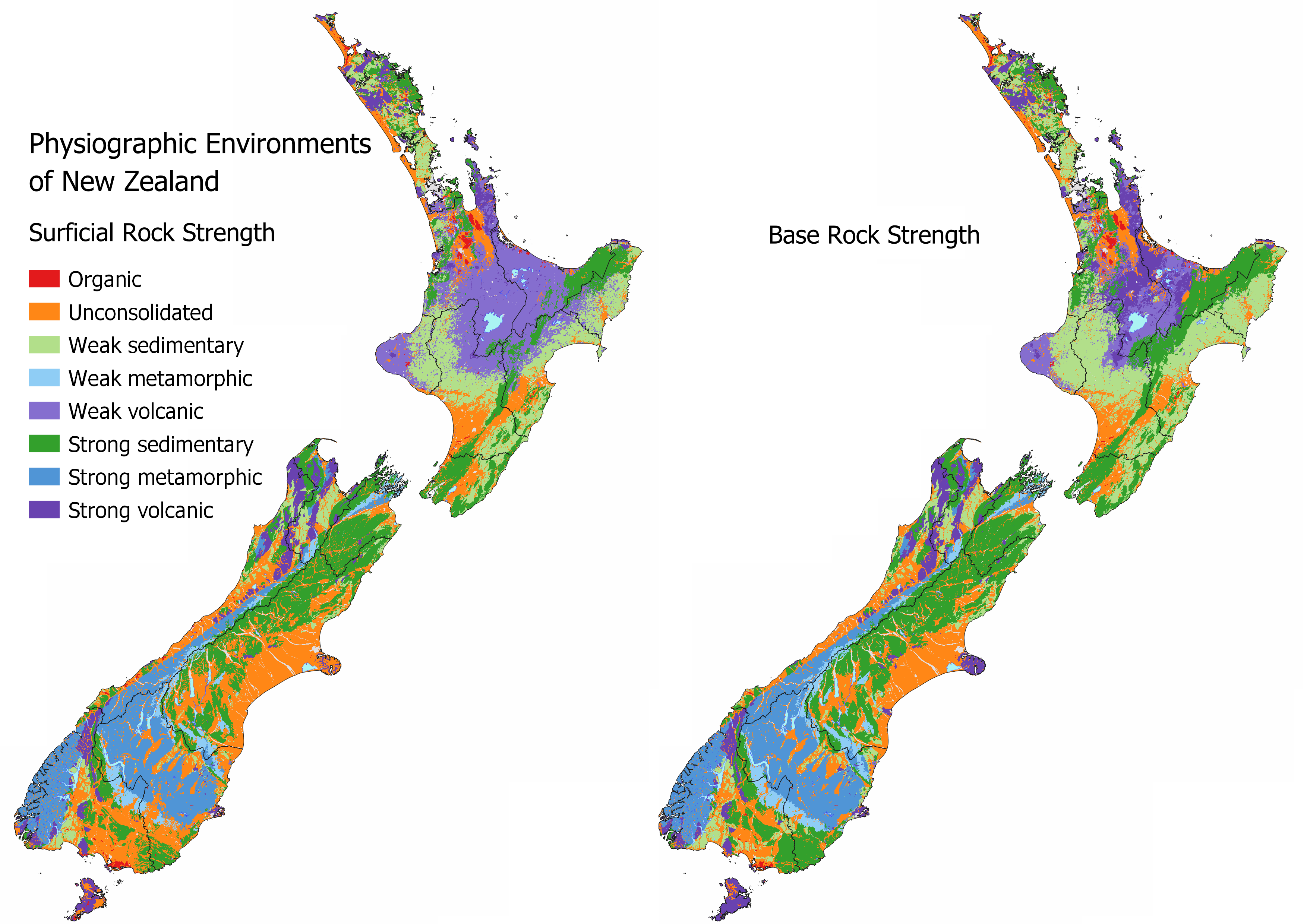 Two colour-coded maps of New Zealand showing rock strength from Organic (Waituna Lagoon) to Strong volcanic (Taupo).