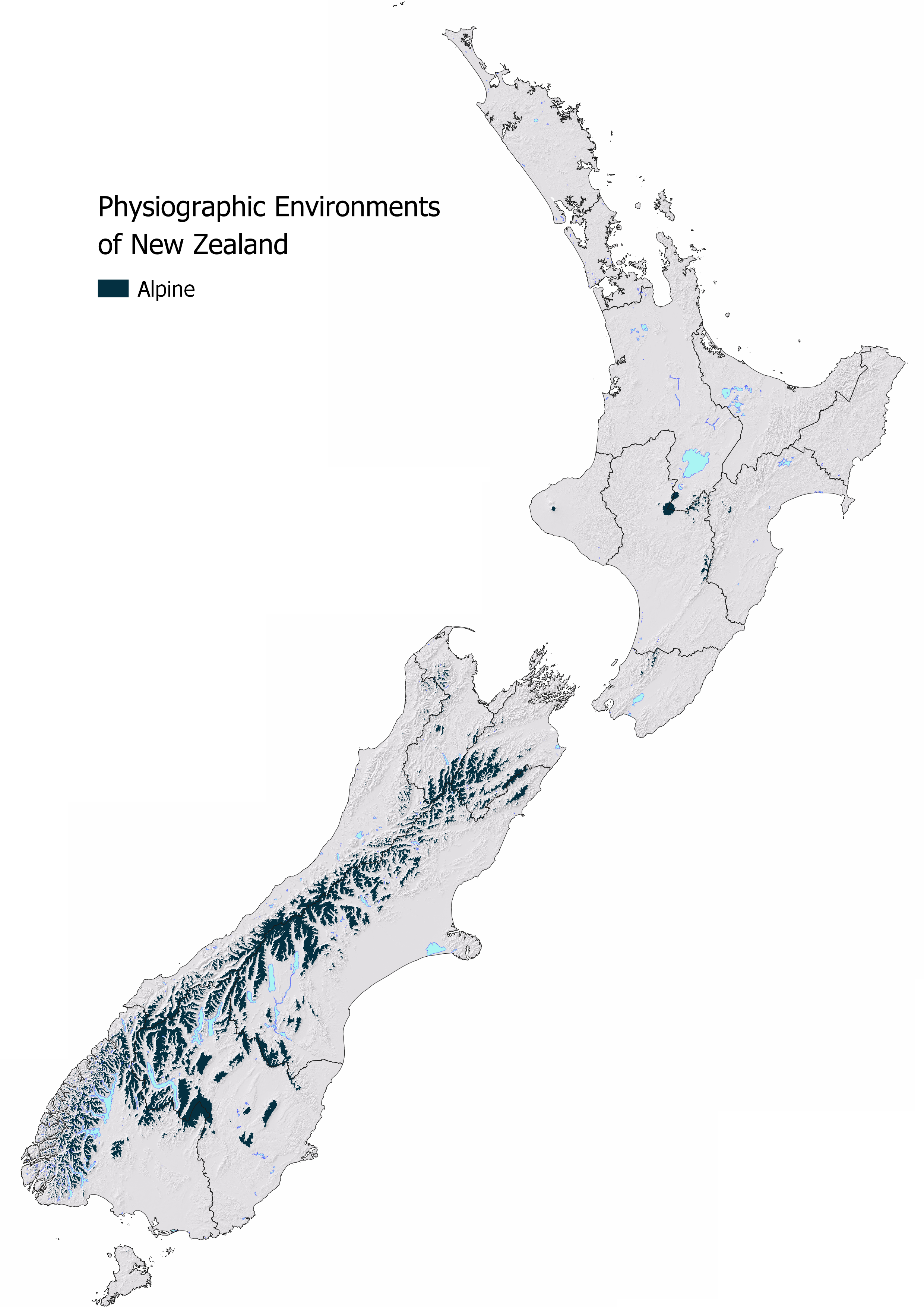 slope map of new zealand with the parts classified as alpine showing