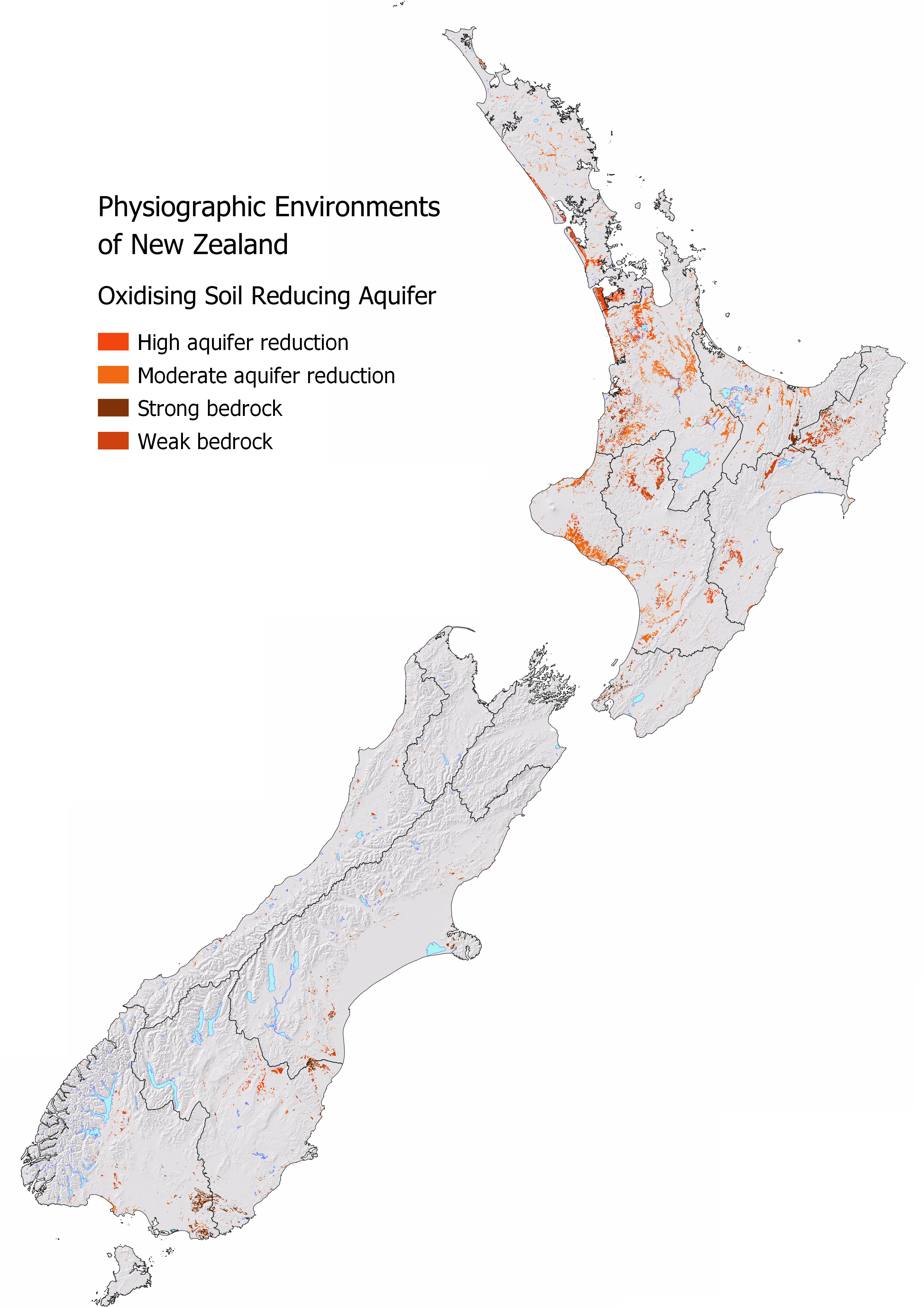 slope map of new zealand with the parts classified as 'Oxidising Soil over Reducing Aquifer' showing.