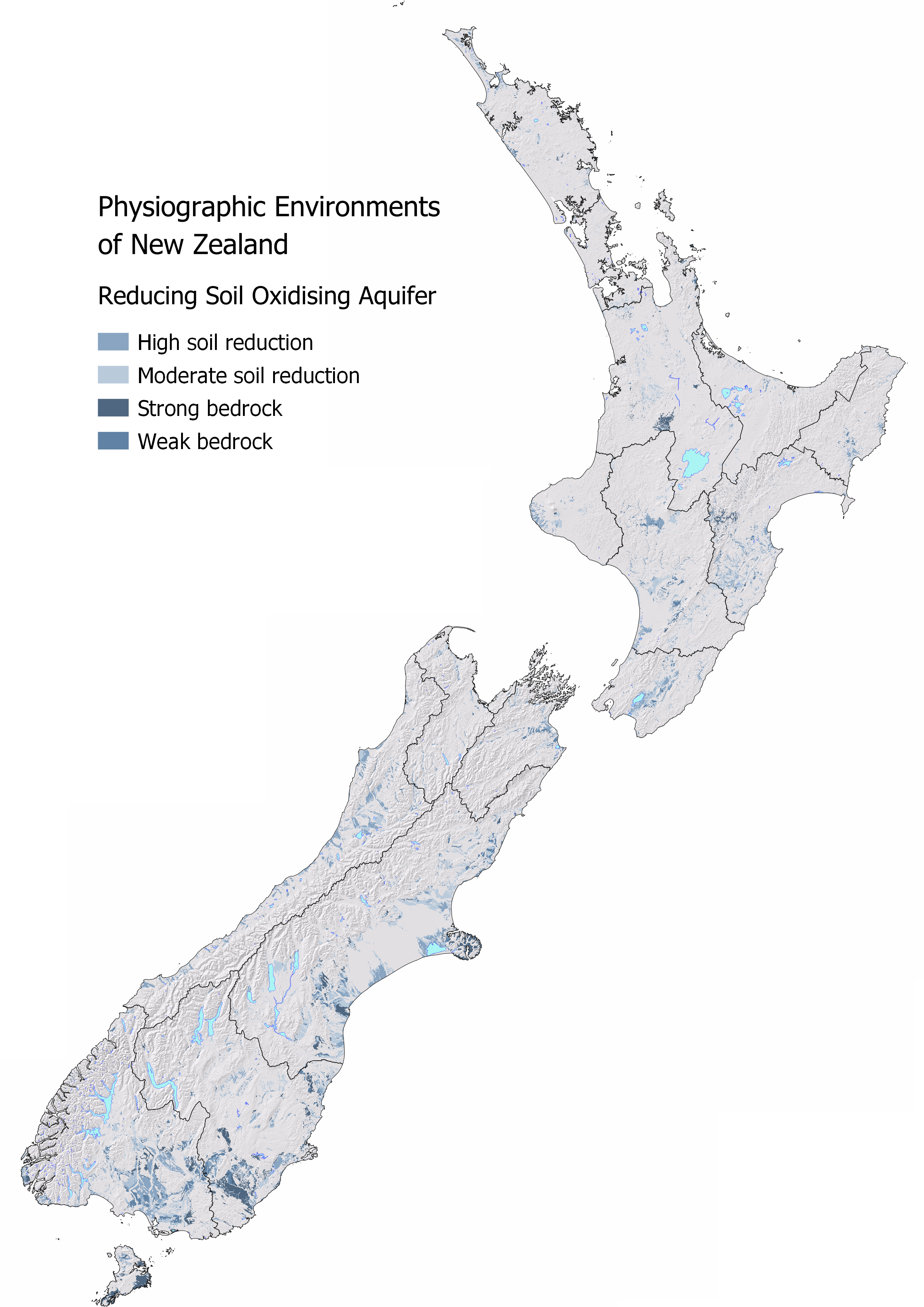 slope map of new zealand with the parts classified as 'Reducing Soil over Oxidising Aquifer' showing.