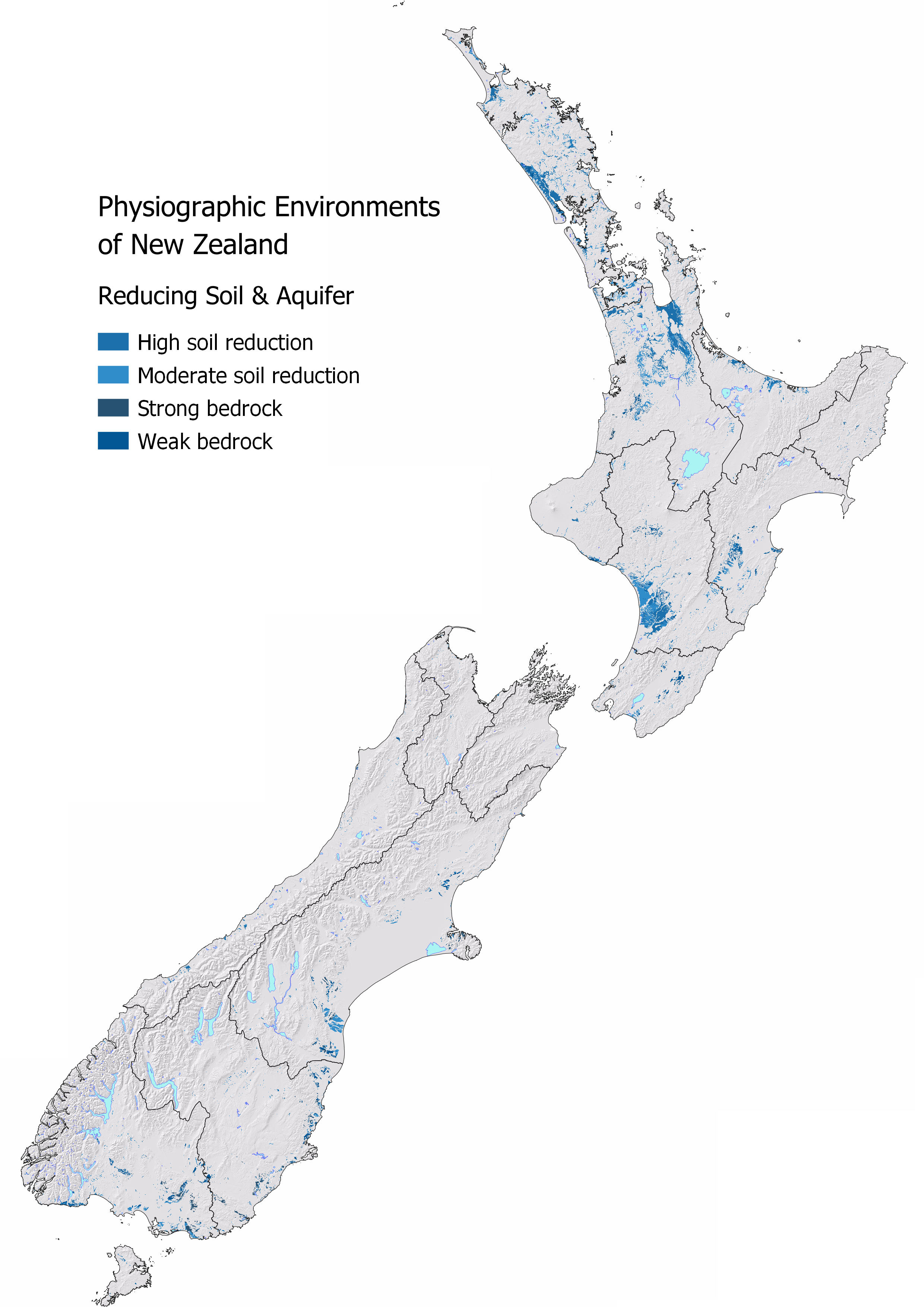 slope map of new zealand with the parts classified as 'Reducing Soil over Reducing Aquifer' showing.