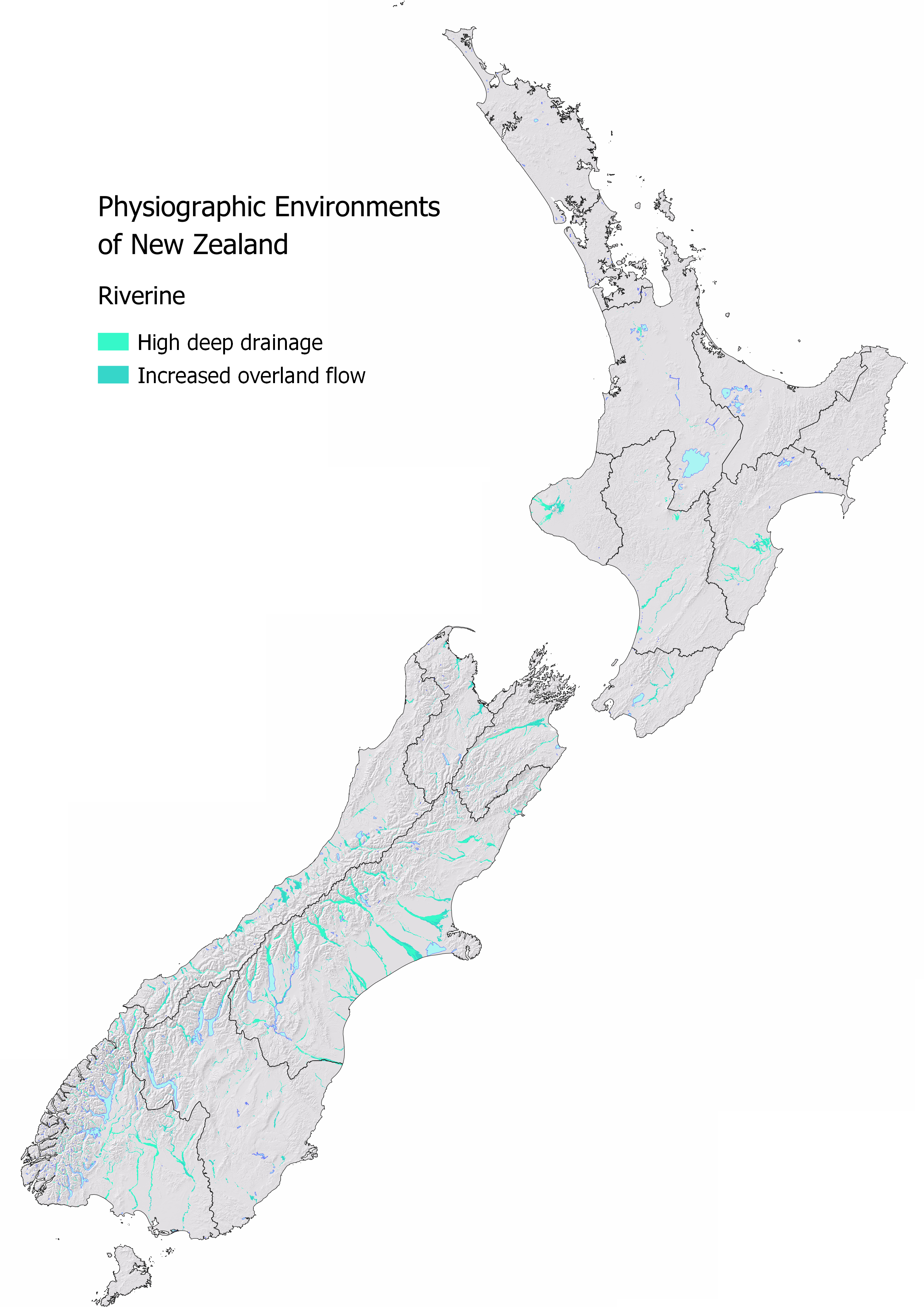 slope map of new zealand with the parts classified as 'Riverine' showing.