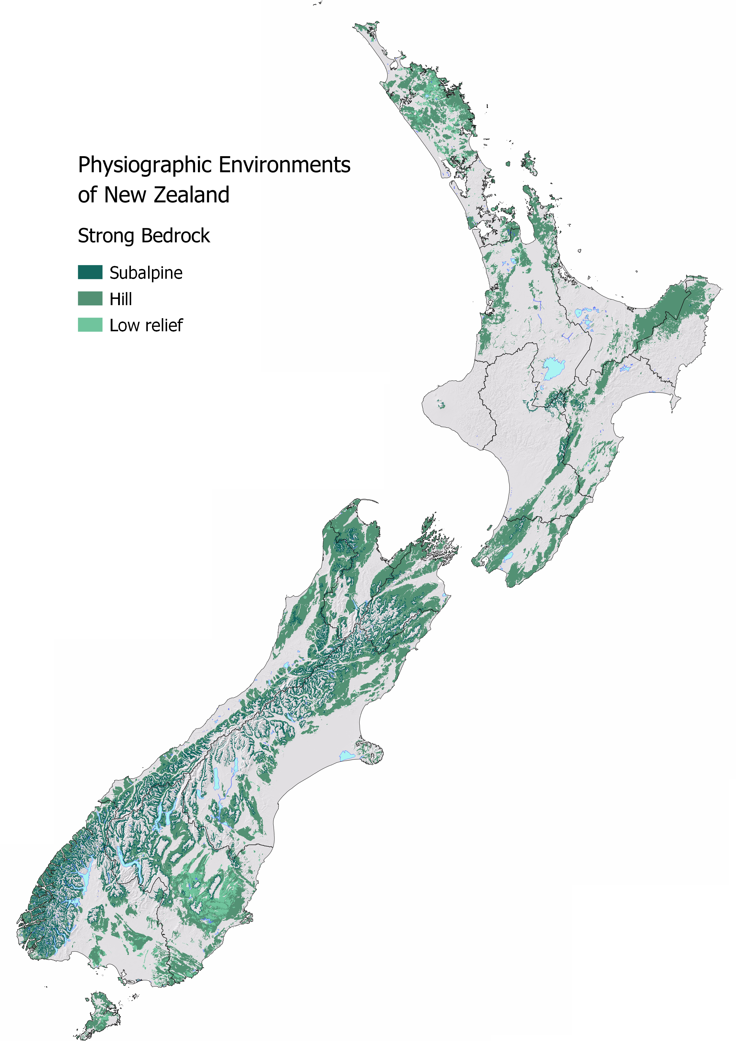 slope map of new zealand with the parts classified as 'Strong Bedrock' showing.