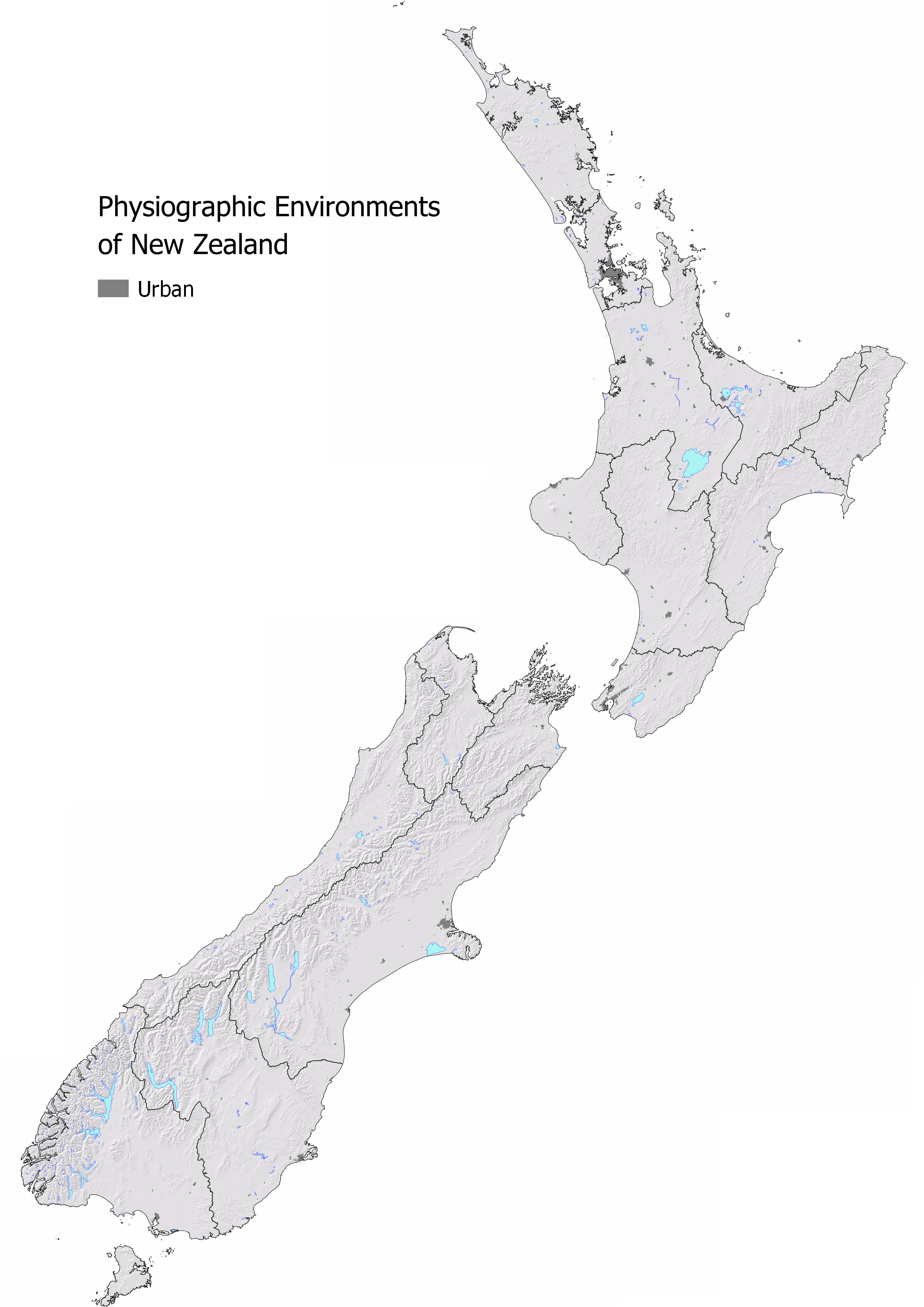 slope map of new zealand with the parts classified as 'Urban' showing.
