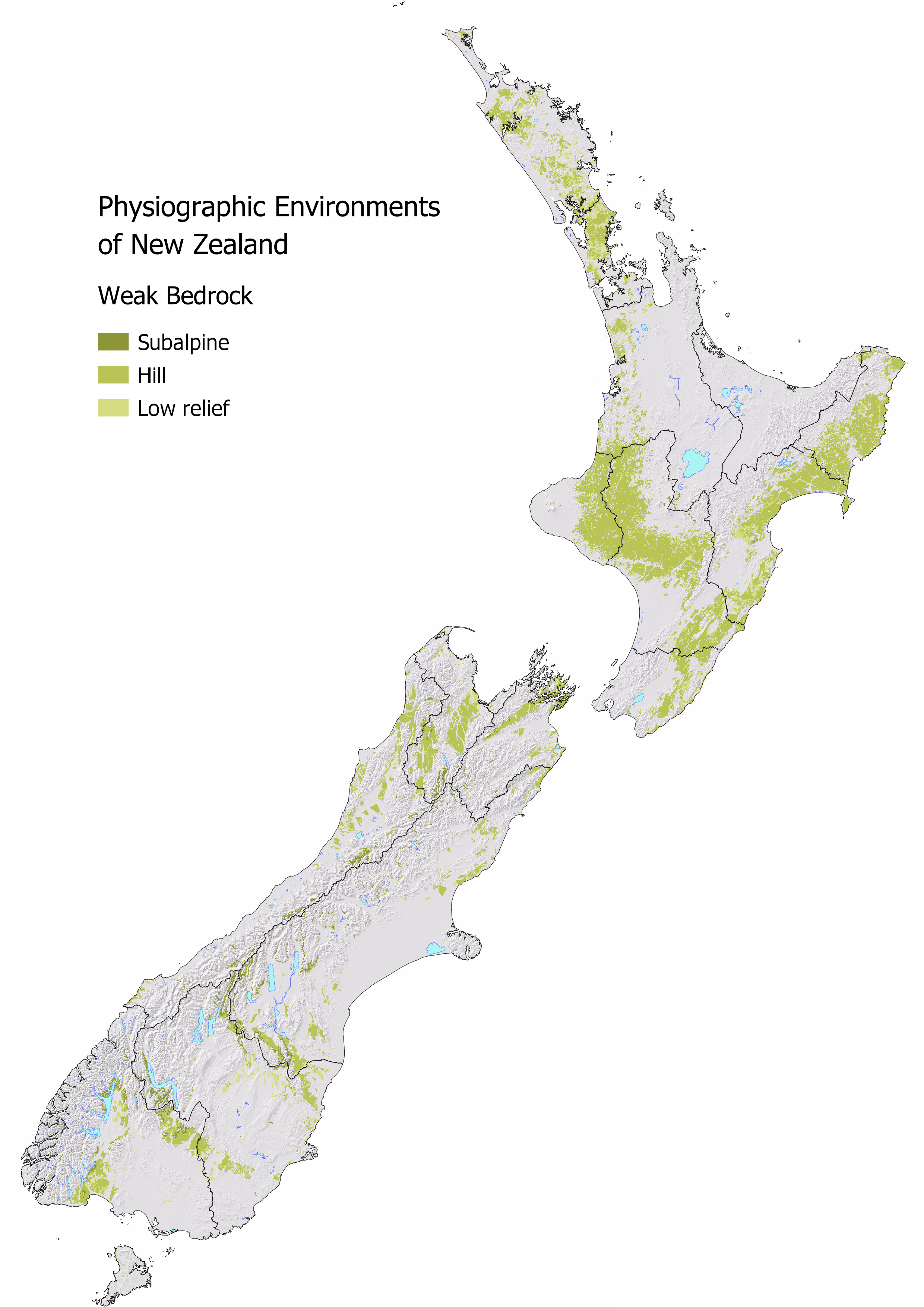 slope map of new zealand with the parts classified as 'Weak Bedrock' showing.