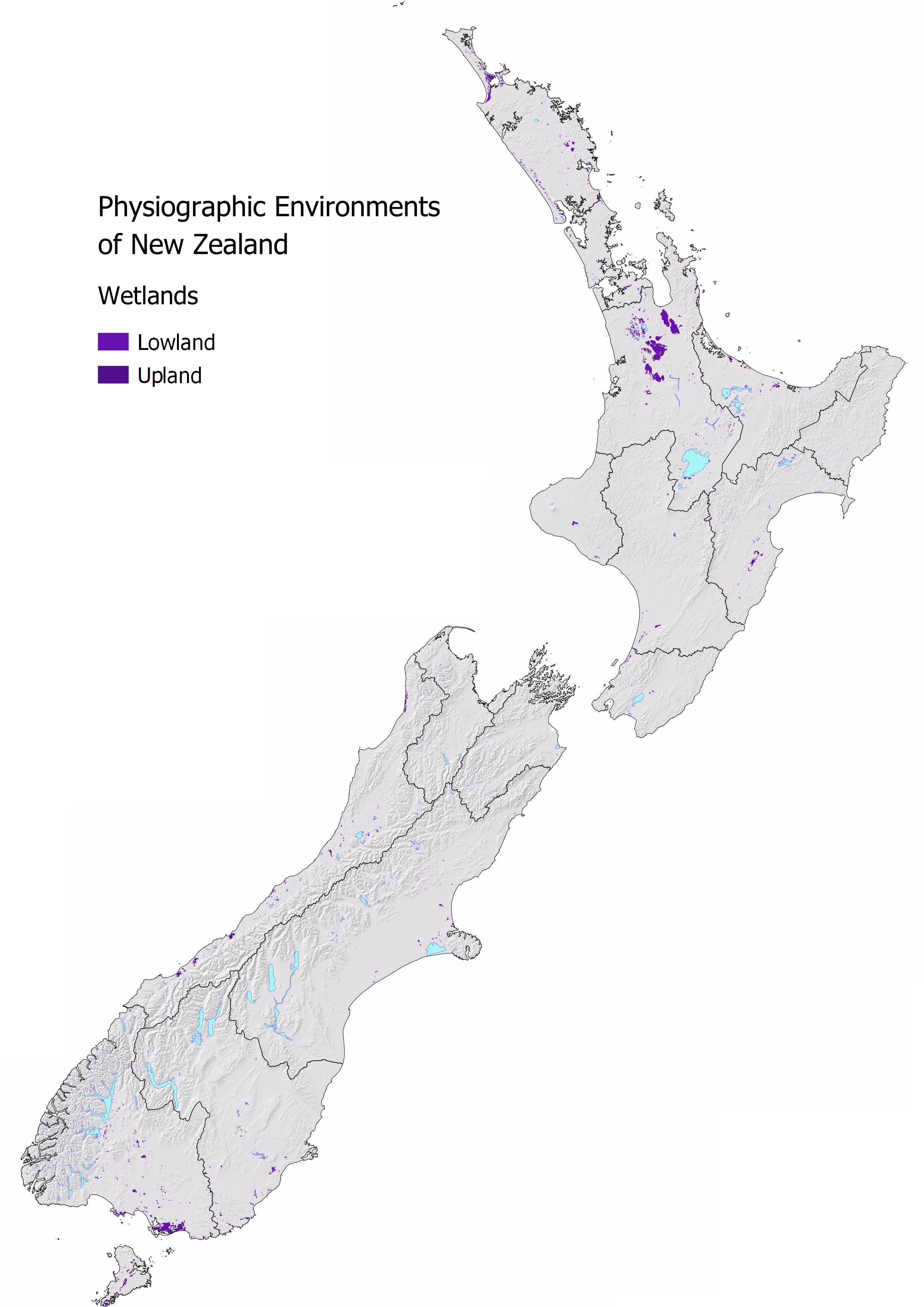 slope map of new zealand with the parts classified as 'Wetlands' showing.