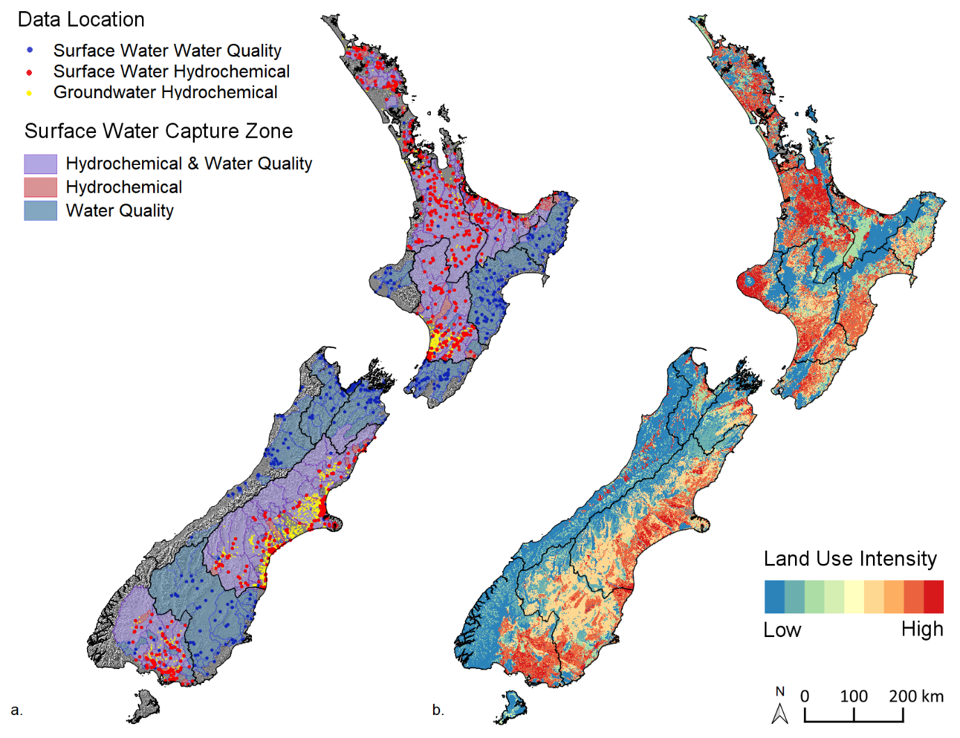 Two classification maps of New Zealand, one showing the three surface water capture zones (Hydrochemical, Water Quality, and Combined). The other map shows the land use intensity from Low to High.